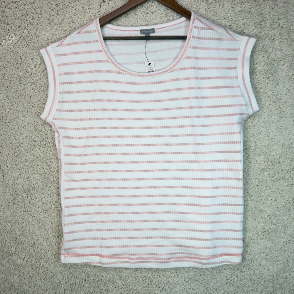 T by Talbots Striped Ribbed Top Womens 1X White Pink Short Sleeve Casual Tee NWT